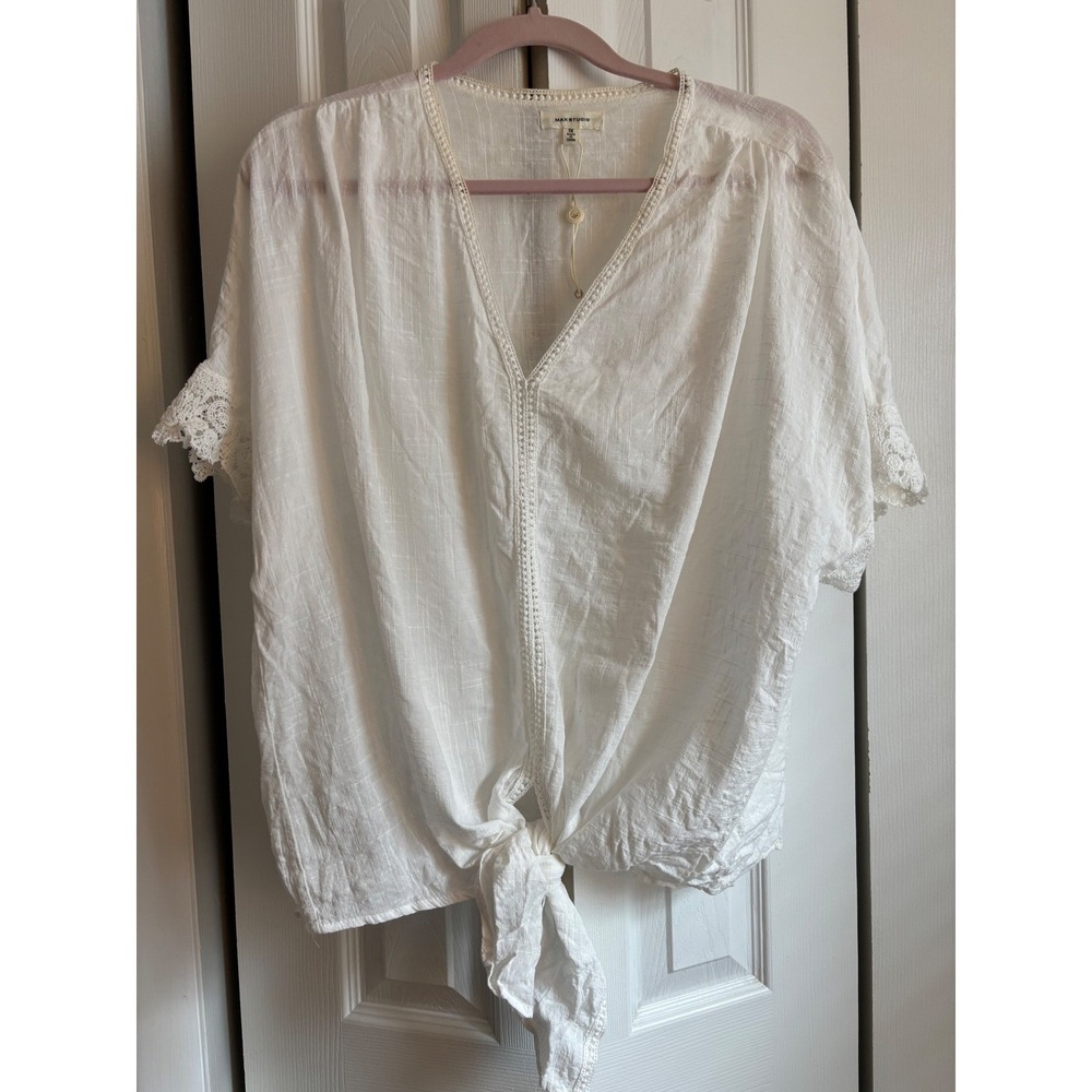 Max Studio White Crochet-Trim Tie-Front Top | NWOT | Size 1X - Picture 2 of 9